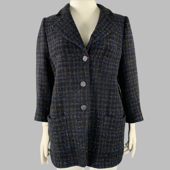CHANEL Size 18 Black Navy Cotton Blend Shiny 3/4 Sleeves Coat - Picture 1 of 9
